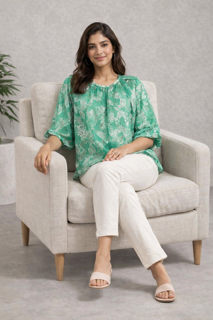 Light Green Floral Print Gathered Top | Round Neck 3/4 Puff Sleeve Relaxed Fit Top