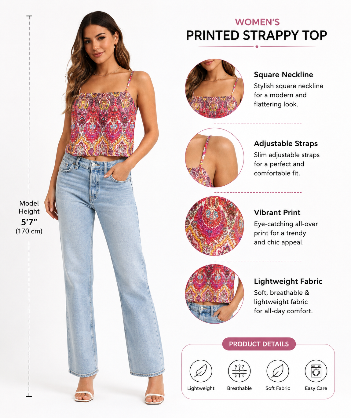 Multi Printed Strappy Cotton Top | Square Neck Smocked Camisole