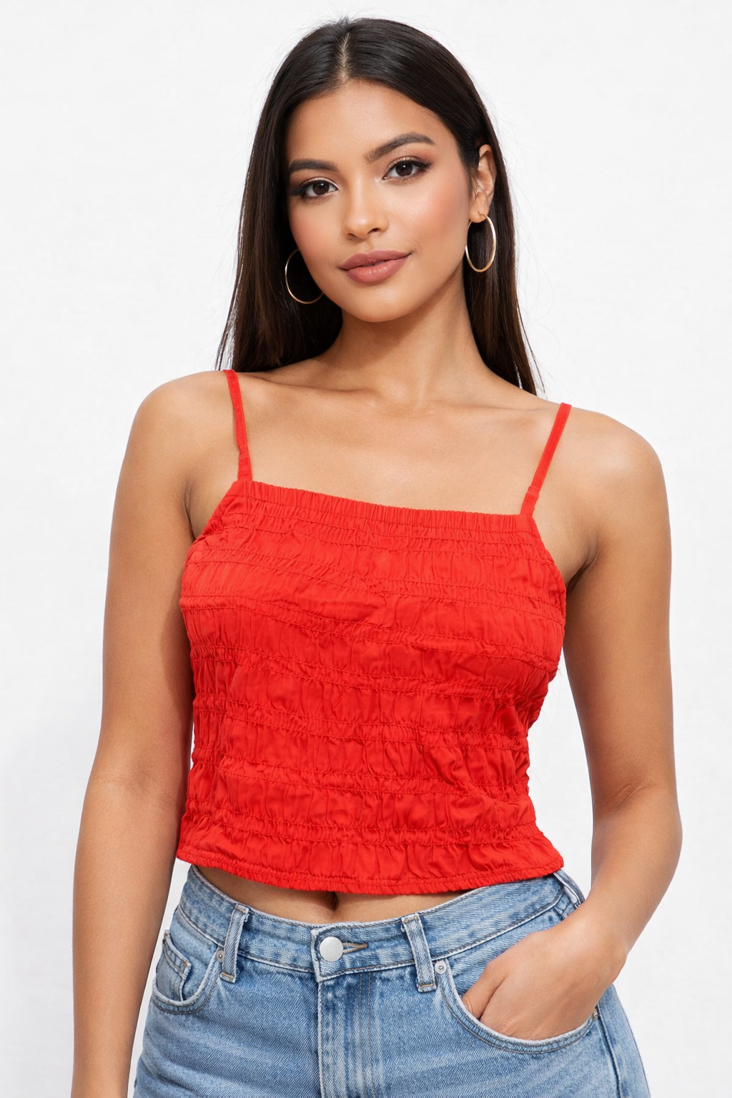 100% Cotton Smocked Ruched Cami Crop Top | Square Neck | Sleeveless | Adjustable Spaghetti Straps | Stretchable Casual Summer Top | Red