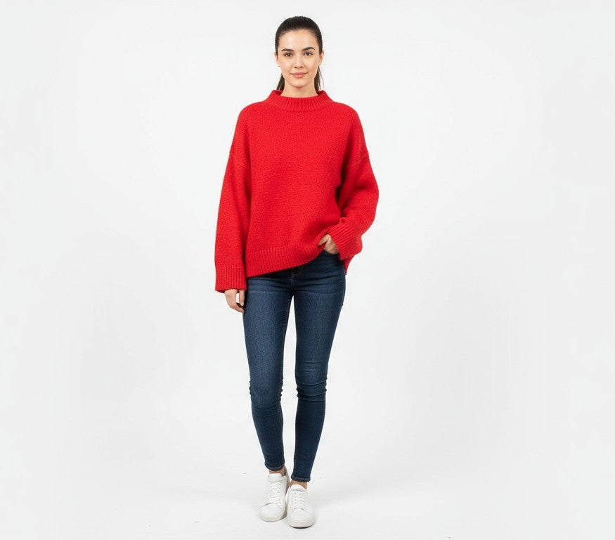 Acrylic Full Sleeve Cozy High Neck Red Sweater
