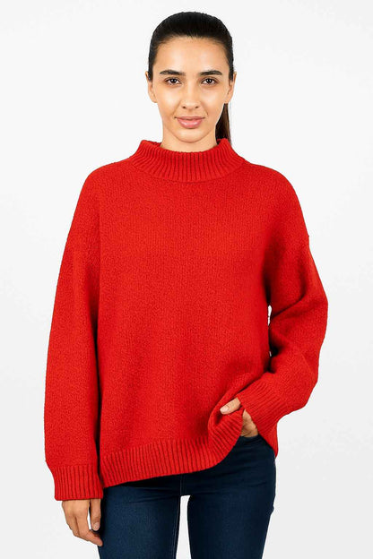 Acrylic Full Sleeve Cozy High Neck Red Sweater