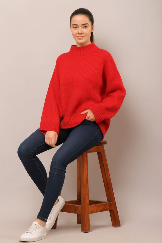 Acrylic Full Sleeve Cozy High Neck Red Sweater