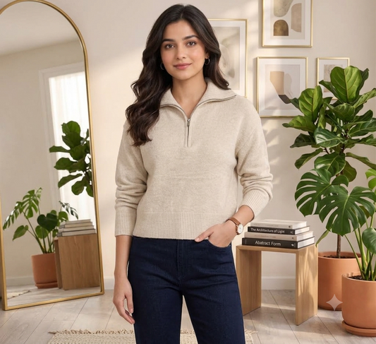 Light Beige Quarter Zip Knit Sweater | Full Sleeve Pullover with Ribbed Cuffs & Hem