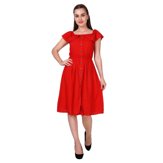Red cold shoulder button front closure A-line dress for women