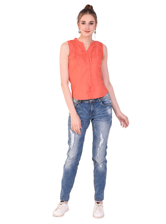 orange cotton sleeveless ruffle shirt top for women
