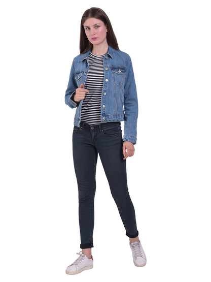 Light blue full sleeve denim jacket for women