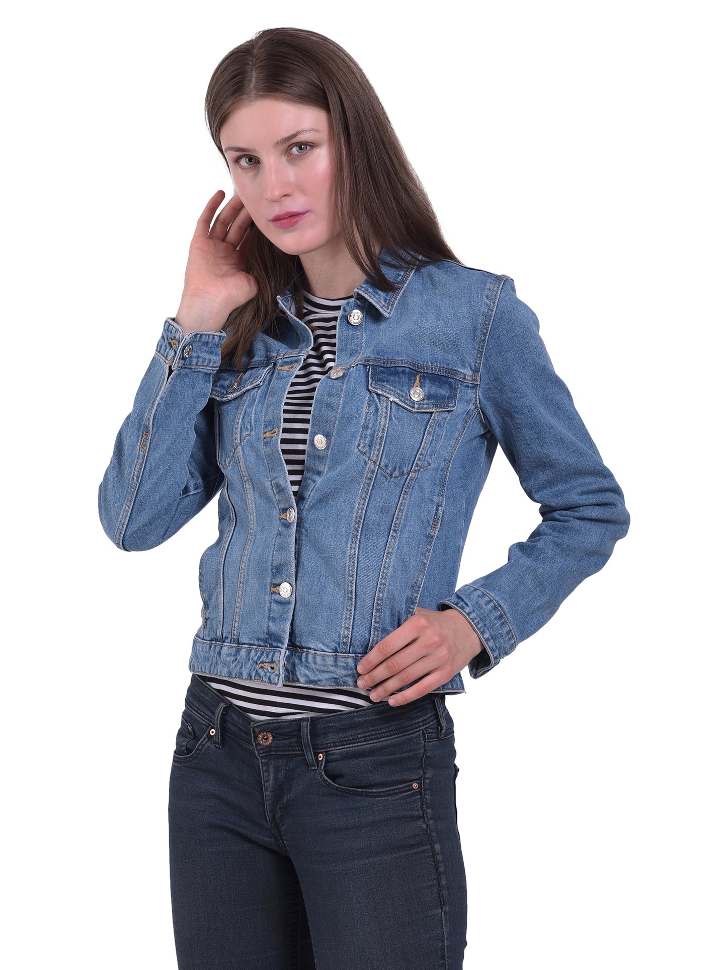 Light blue full sleeve denim jacket for women