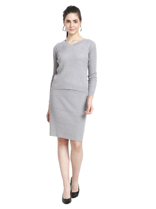 grey rib-knit bodycon detail top & Skirt Set