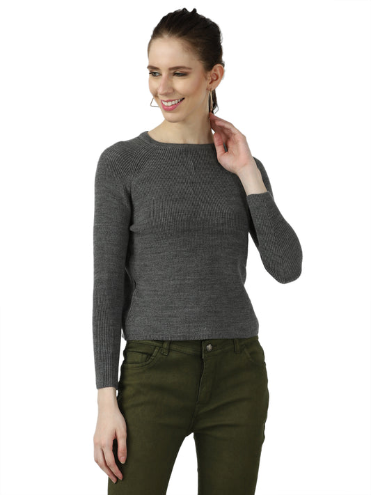 Acrylic Crew Neck Full Sleeve Solid Grey knit Sweater
