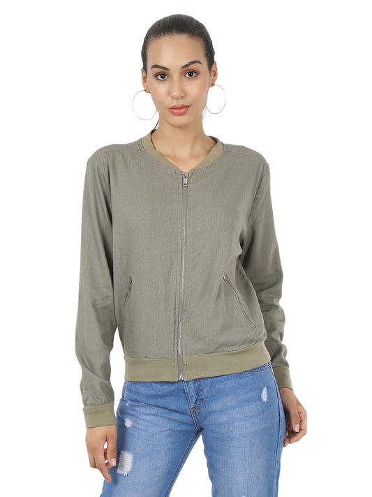 green solid mandarin collar linen zipper jacket for women