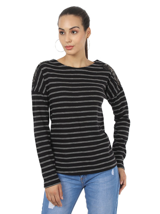 embroidered sequence patched striped drop shoulder top for women