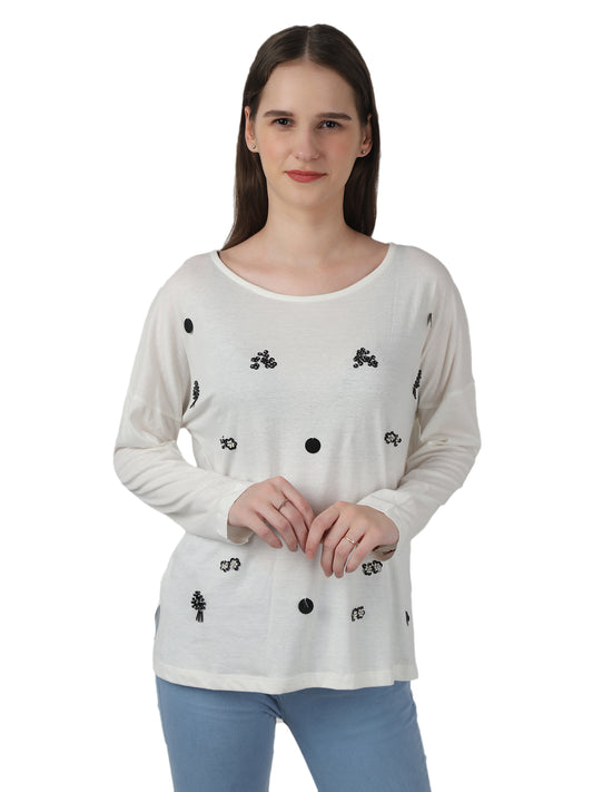 Regular fit sequins placement Cream top