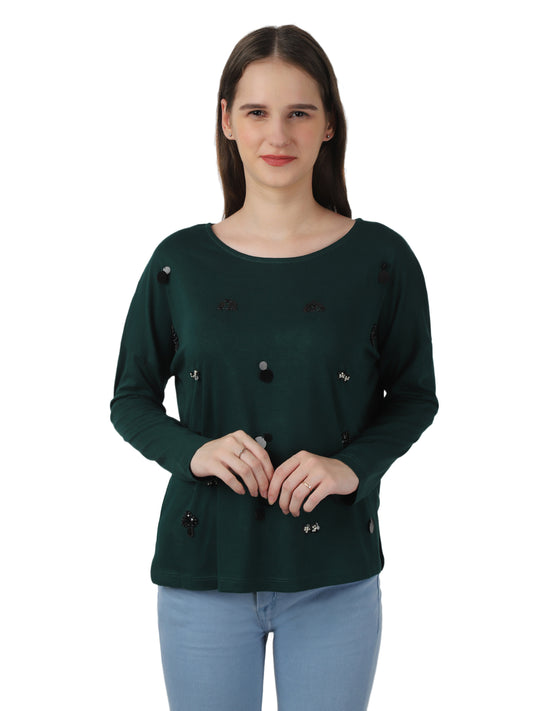 Regular fit sequins placement Green top