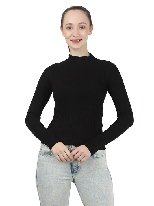 Viscose Turtle Neck Ribbed Knit Black Sweater