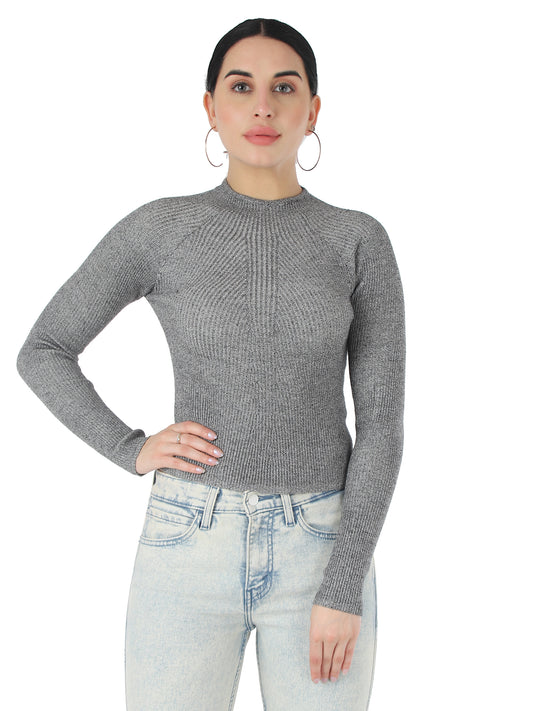 Viscose Round Neck Ribbed Knit Grey Sweater