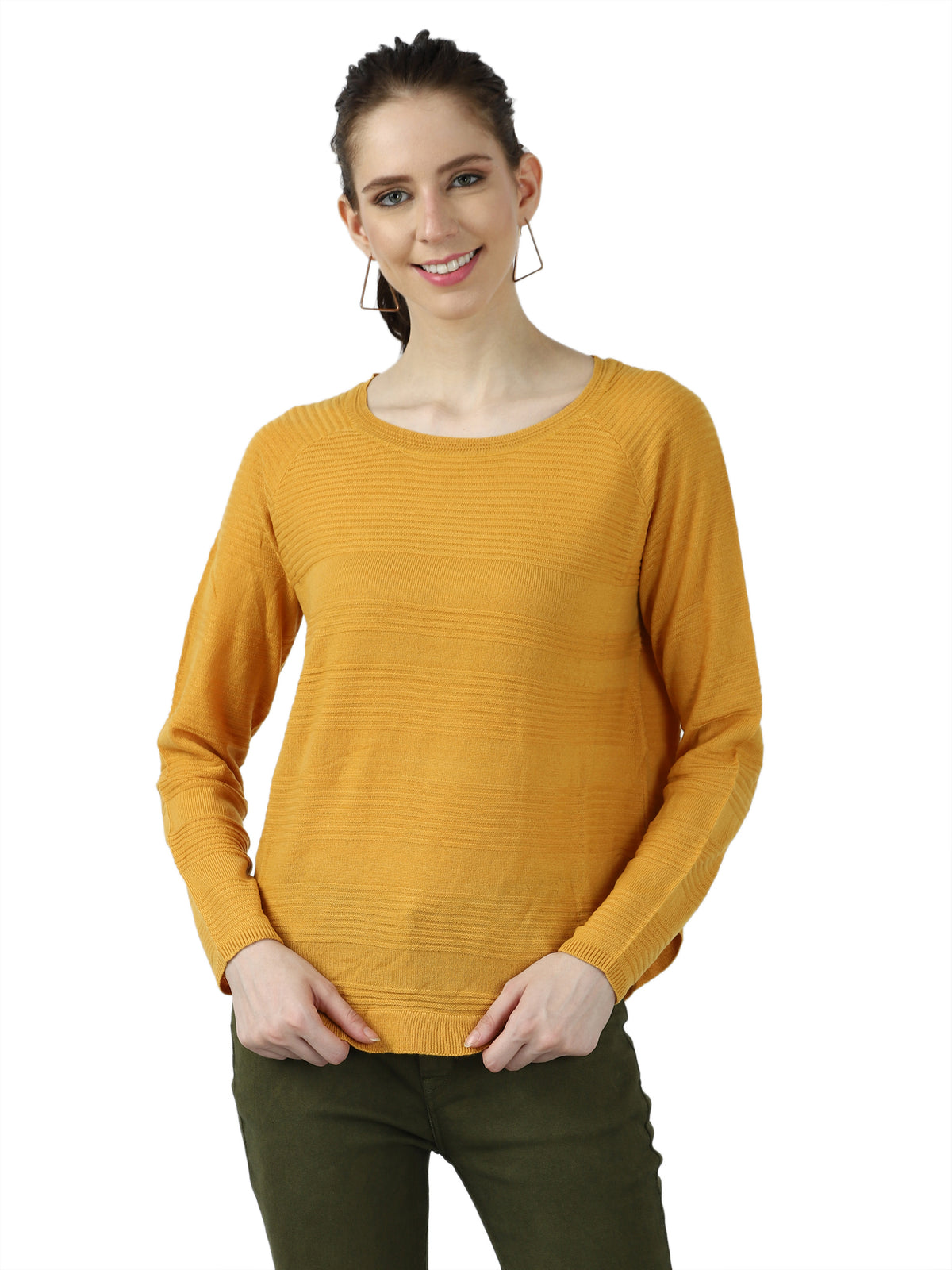 Acrylic Round Neck Full Raglan Sleeves Mustard Pullover