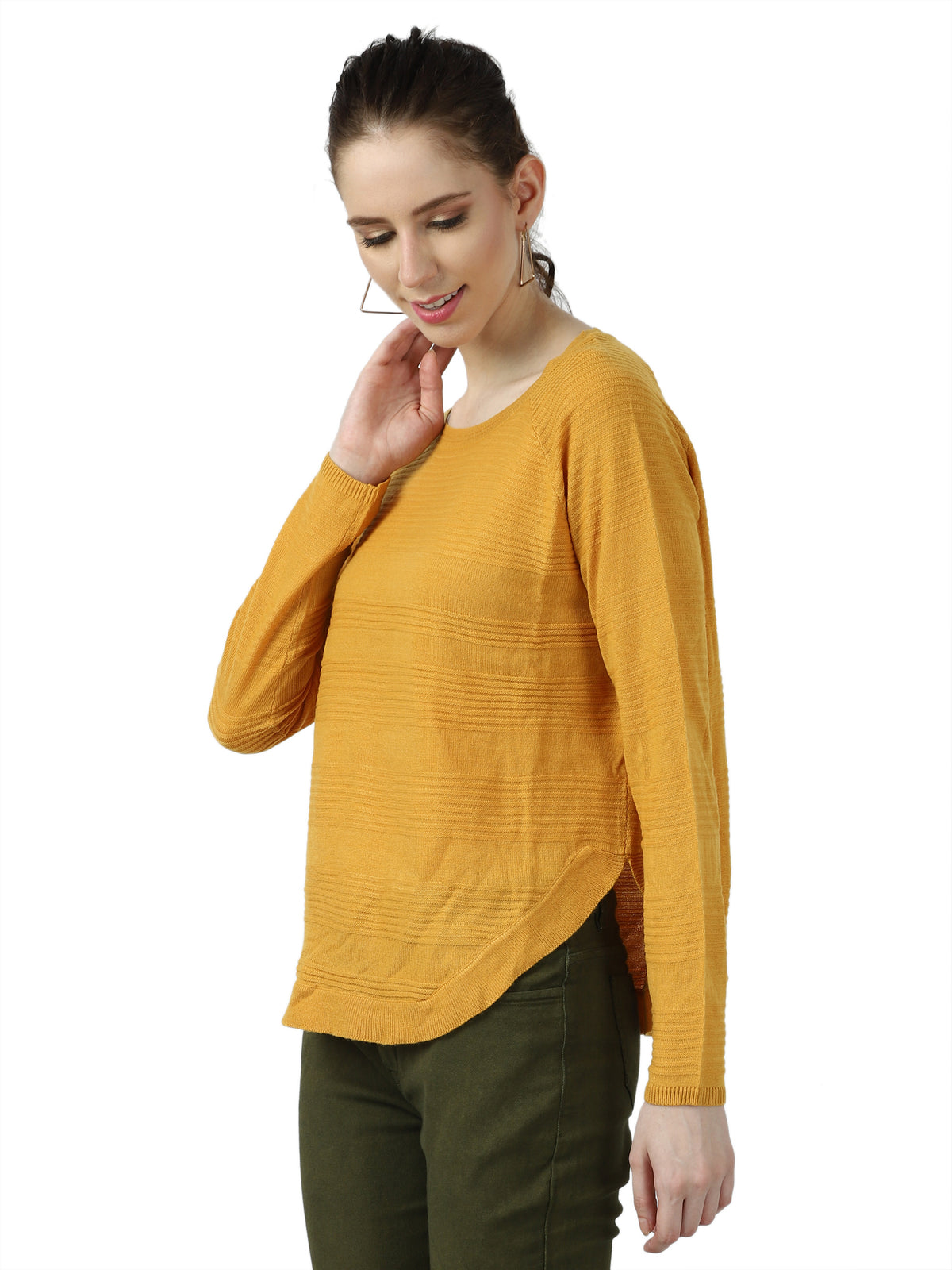Acrylic Round Neck Full Raglan Sleeves Mustard Pullover