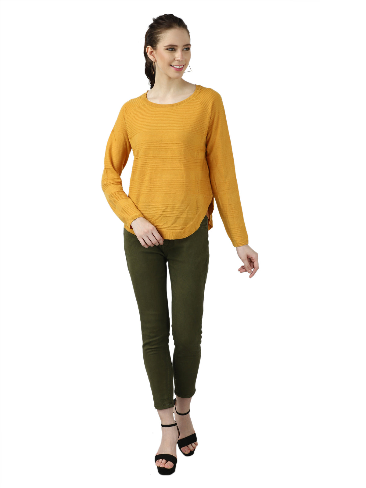 Acrylic Round Neck Full Raglan Sleeves Mustard Pullover