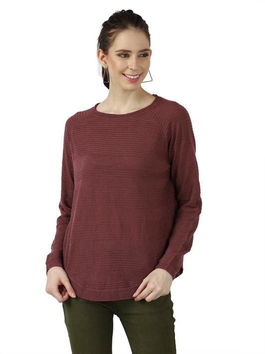 Acrylic Round Neck Full Raglan Sleeves Wine Pullover