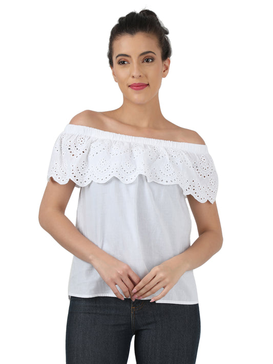 Regular Fit Off-Shoulder Cut Work White Top