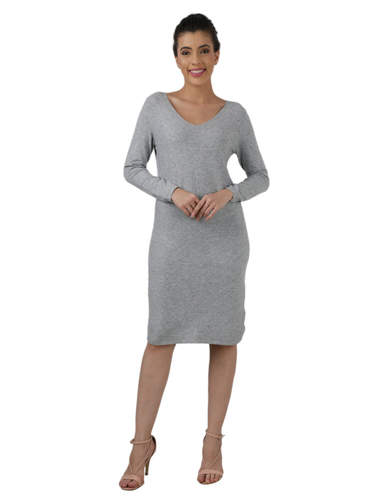 BodyCon Knee Length Ribbed Full Sleeve Grey Dress