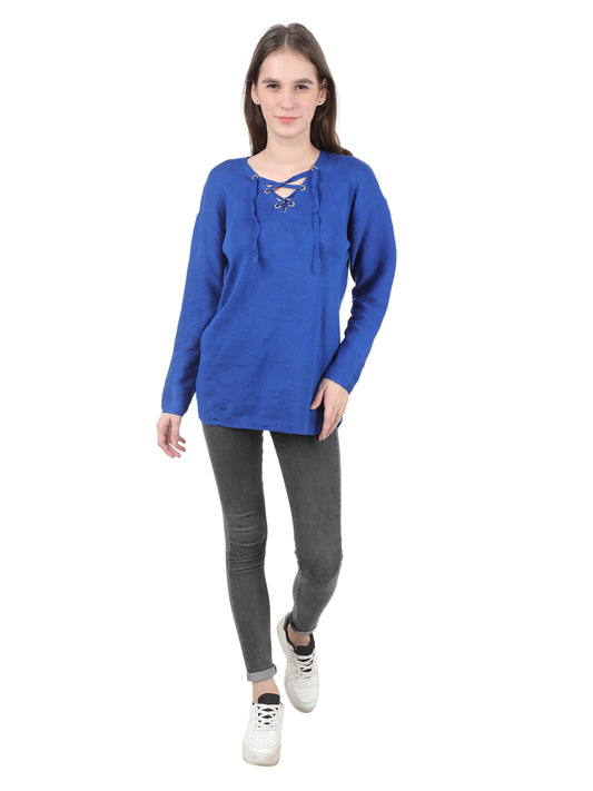 Viscose V-neck Criss Cross Lace Up Blue Sweater