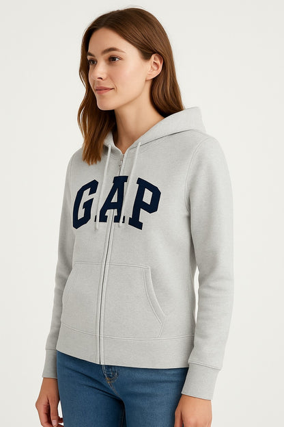 Grey Cotton-Blend Hoodie with front zip closure