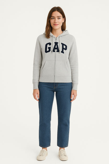 Grey Cotton-Blend Hoodie with front zip closure