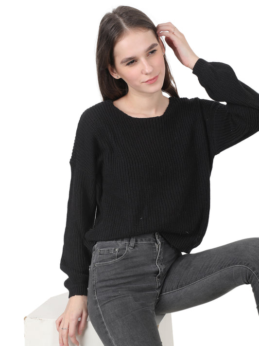 Viscose V-Neck Solid Knit Back V-Neck Lace Up Black Sweater