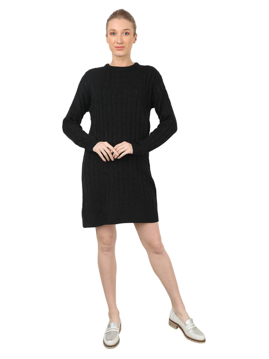 Bodycon Mini Length Full Sleeve Cable Knit Black Dress