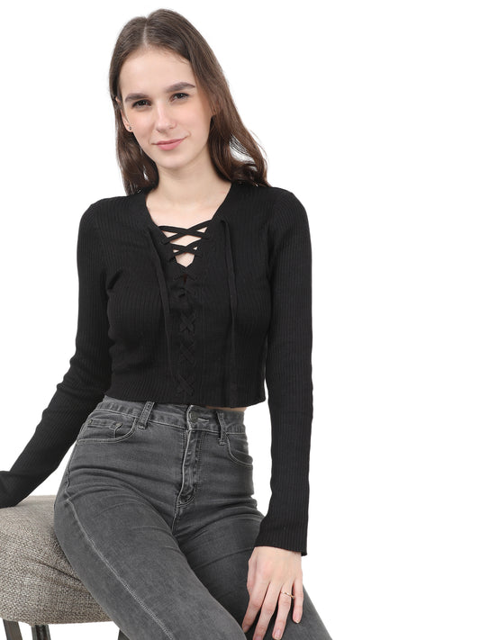 Viscose V-Neck Ribbed Criss Cross Black Top