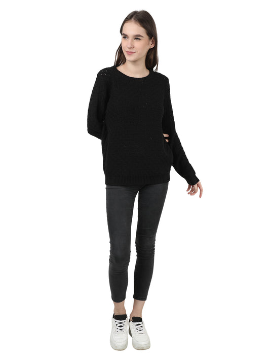 Viscose Round Neck Open Stitch Knit Black Sweater