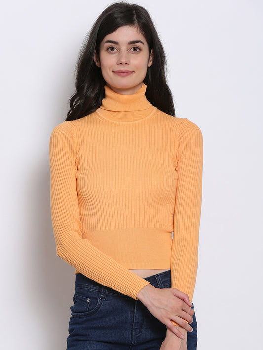 Viscose High Neck Full Sleeve Rib Knit Orange Sweater