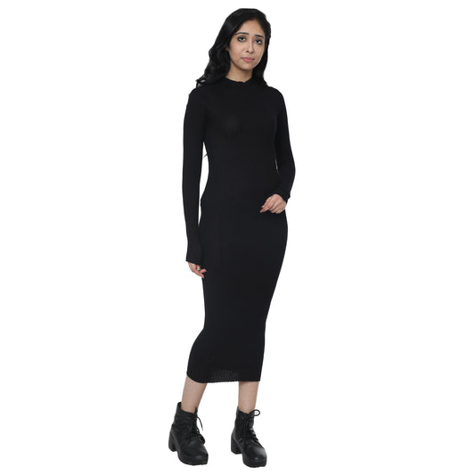 NoBarr Women's Bodycon Below Knee Rib knit Turtle Neck Black Dress