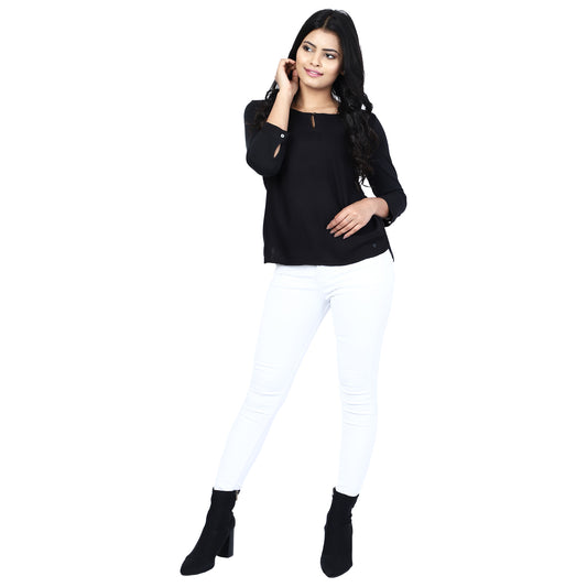 Regular Fit Round Neck Viscose Solid Black Top