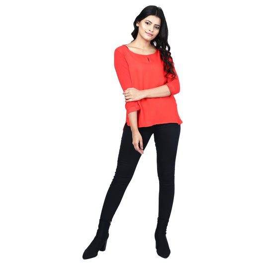 Regular Fit Round Neck Viscose Solid Red Top