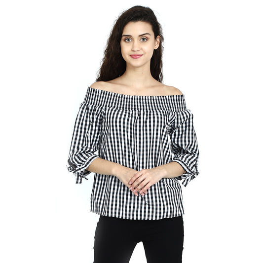 Regular Fit Off-Shoulder Stripe Summer Black Top