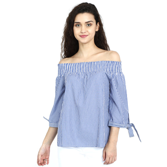 Regular Fit Off-Shoulder Stripe Summer Blue Top