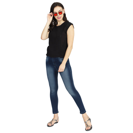 Regular Fit Round Neck Black Summer Smocking Top