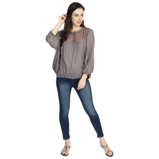 Regular Fit Round Neck Dark Grey Embroidered Top