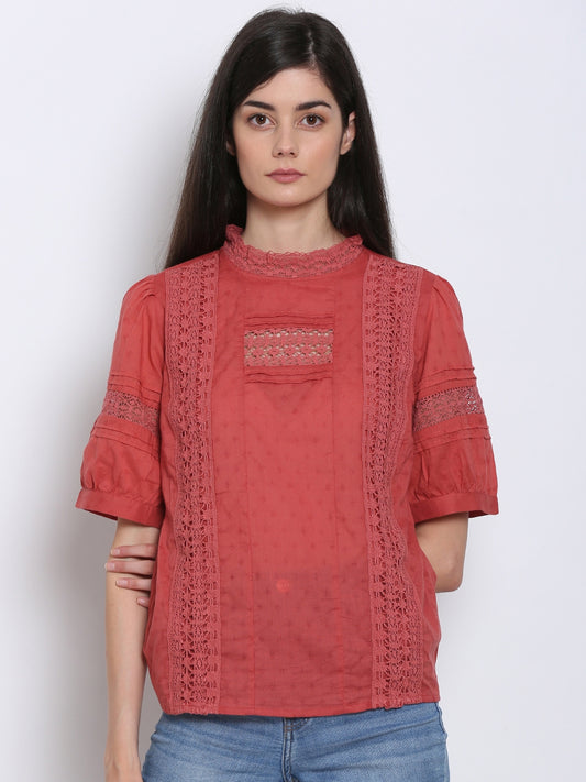 Regular Fit Turtle Neck Dobby Lace Rust Top