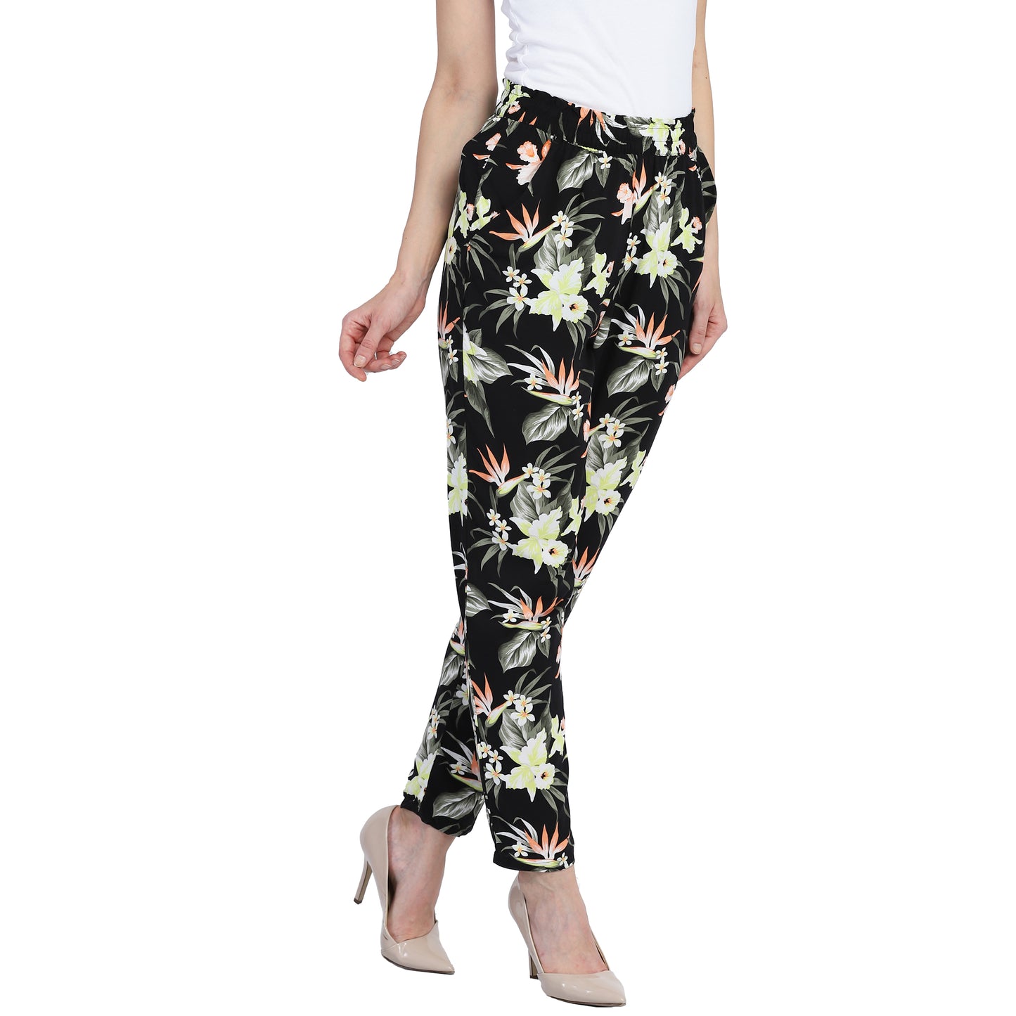 Floral Leaf Print Ankle Length Tulip Multicolor Trouser