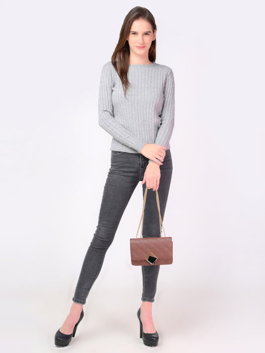 Viscose Round Neck Long Sleeve Grey Sweater