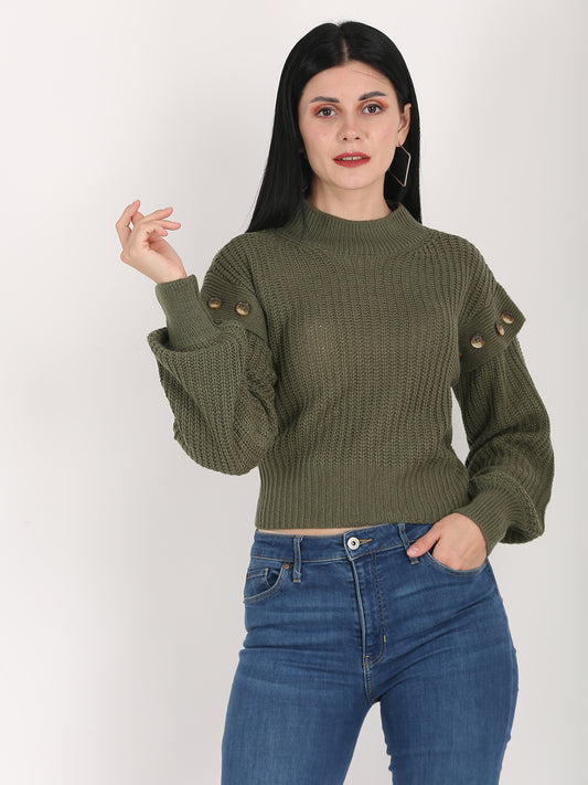 Acrylic Turtle Neck Cable Knit Loose Style Pattern Green Sweater