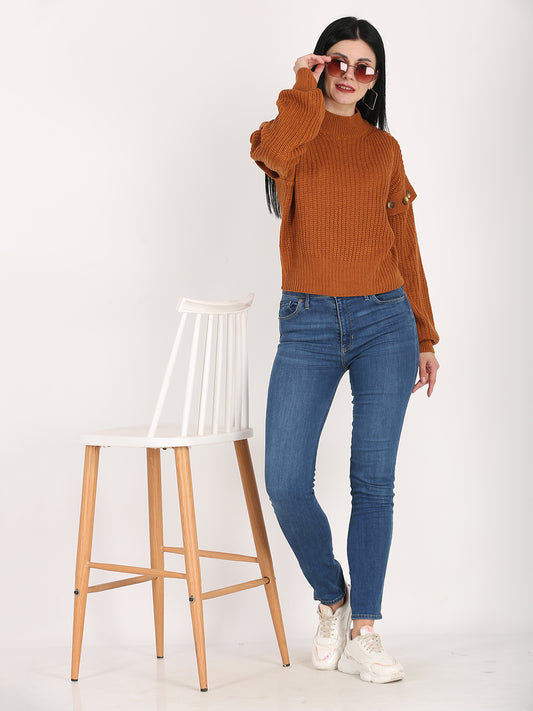 Acrylic Turtle Neck Cable Knit Loose Style Pattern Mustard Sweater