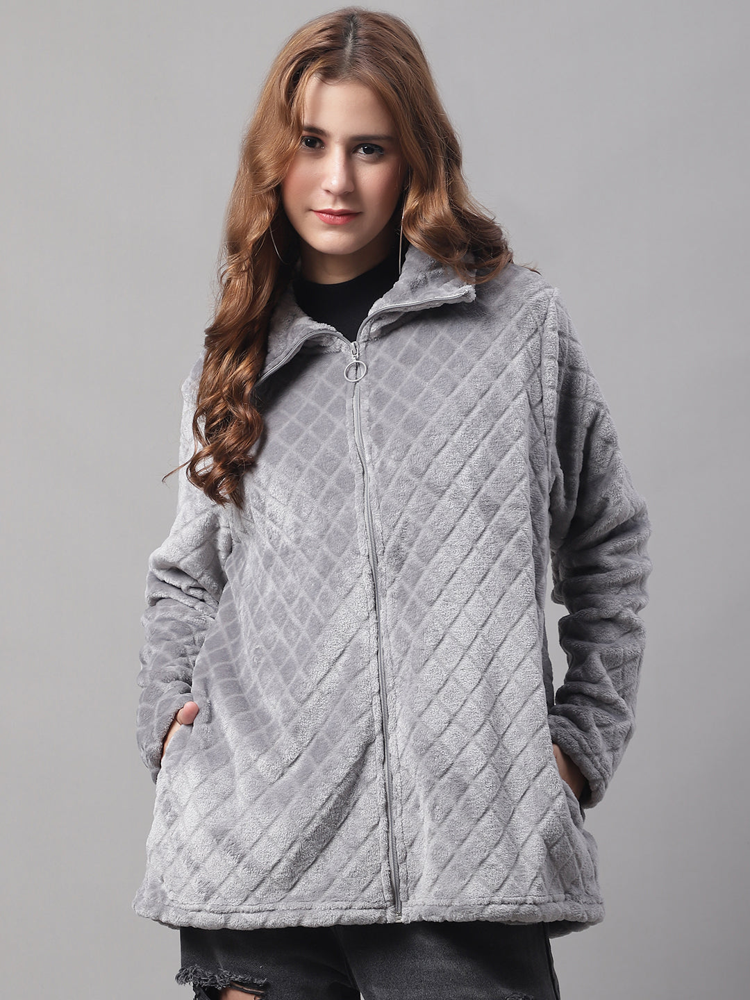 Solid Full Sleeve Zip-Front Winter Grey Jacket