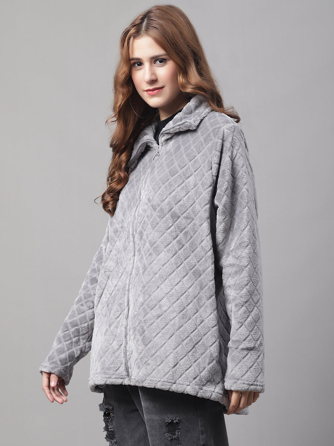Solid Full Sleeve Zip-Front Winter Grey Jacket