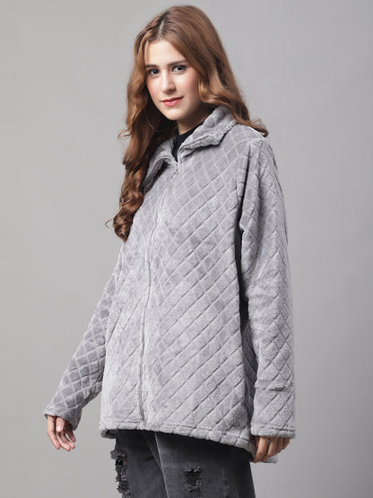 Solid Full Sleeve Zip-Front Winter Grey Jacket
