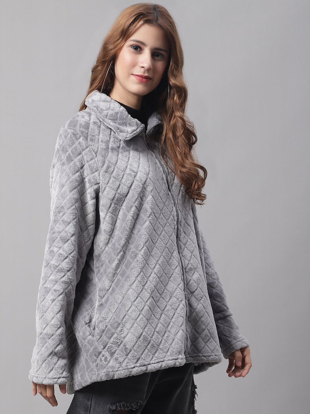 Solid Full Sleeve Zip-Front Winter Grey Jacket