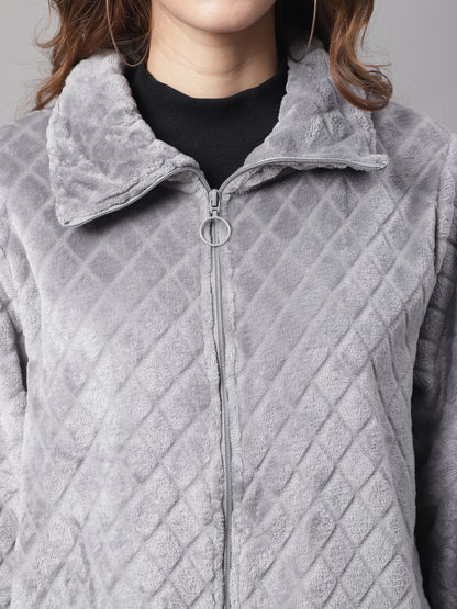 Solid Full Sleeve Zip-Front Winter Grey Jacket